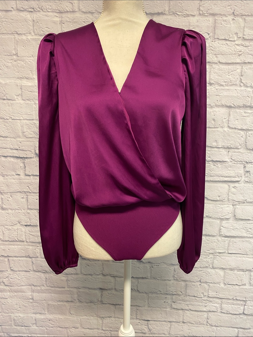 Express Satin Surplice Long-Sleeve Bodysuit Size Small